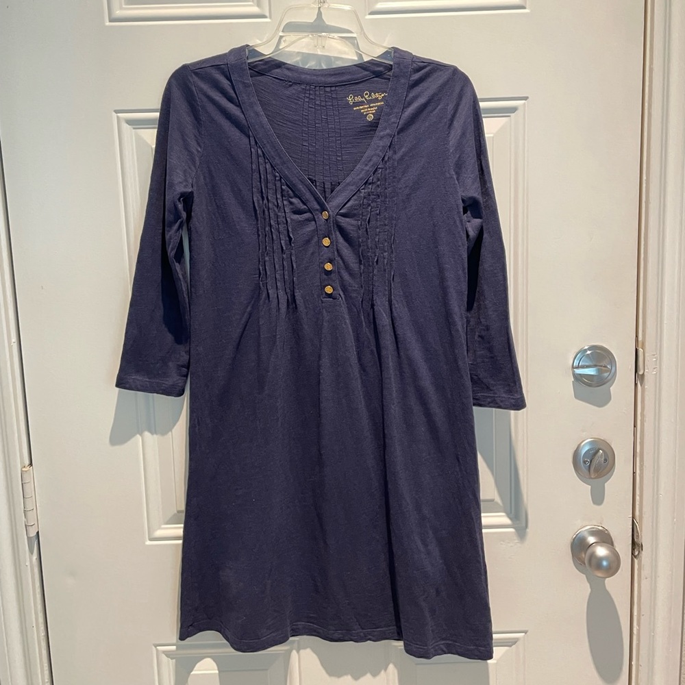 Lilly Pulitzer Navy Blue 3/4 Sleeve V-cut Half Button Essie Mini Dress Size XS